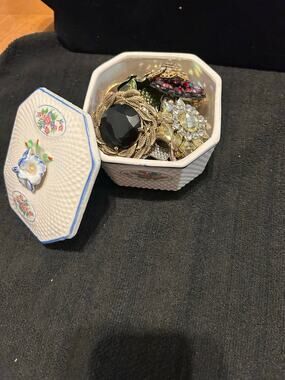 Vintage 1940s Japanese Trinket Box with 20+ Mystery Brooches Lot